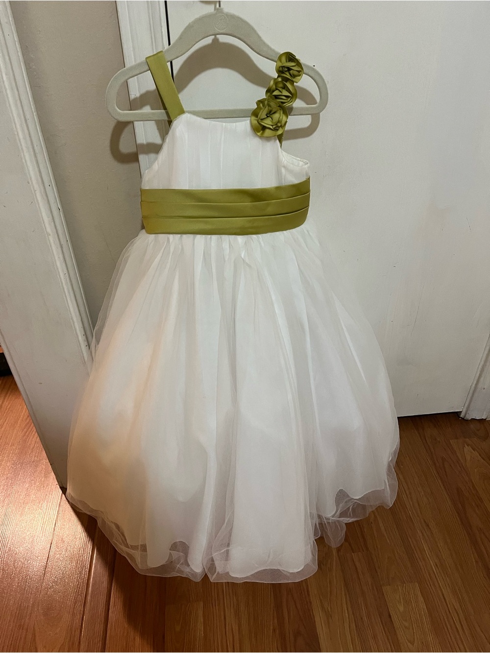 Alfred Angelo White Flower Girl Dress with Olive Green Sash